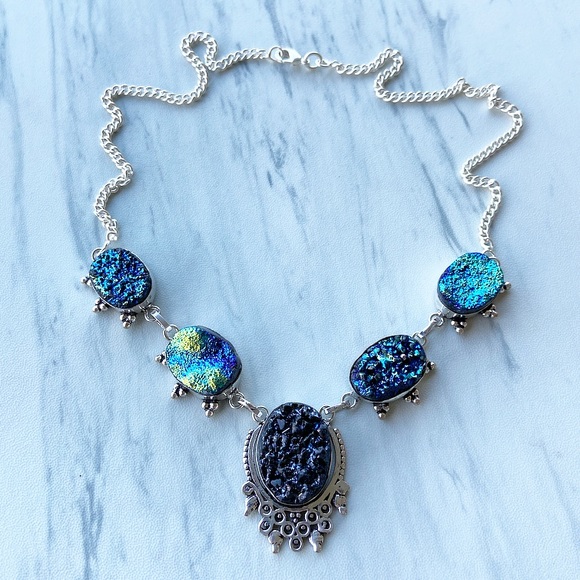 925 Sterling silver blue druzy chocker necklace - Picture 6 of 8